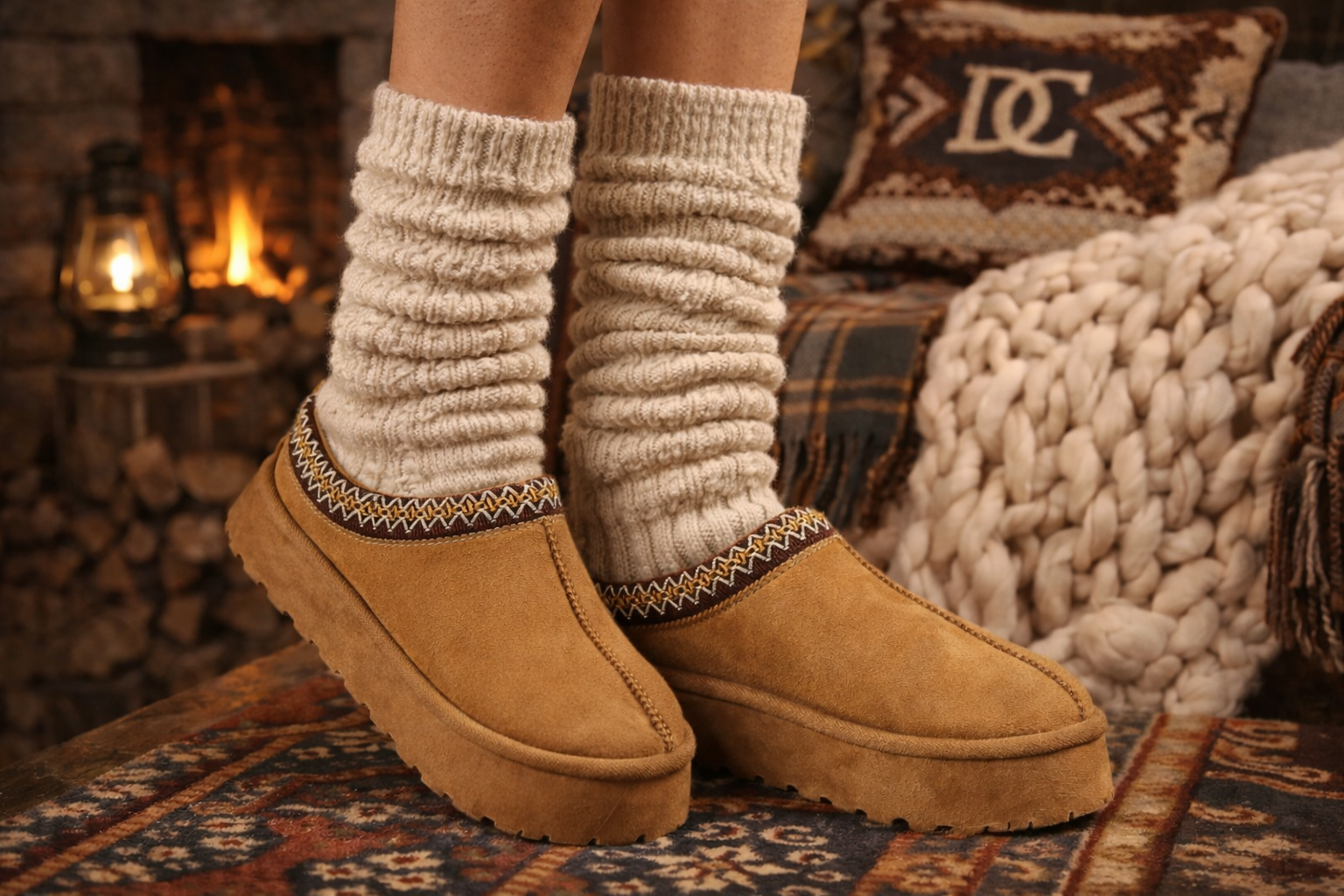 Suede Aztec Faux Fur Platform Slip on Boots